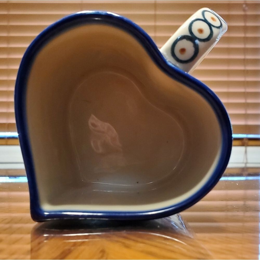 Polish Pottery RARE Hand Made Heart Shaped Mug Flowering Peacock Ceramika Bona